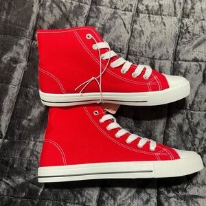 Red and White High-Top Sneakers with Canvas Upper